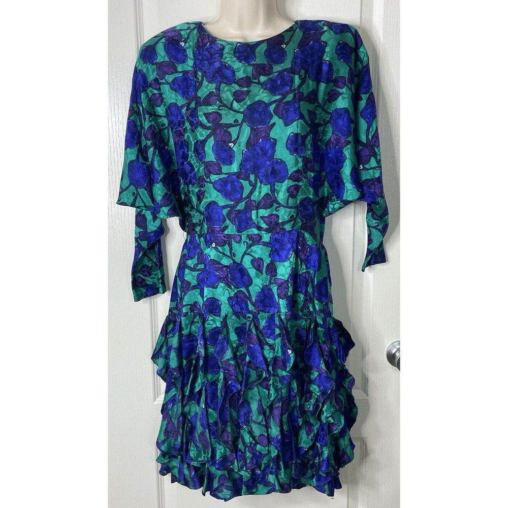 Vintage St Gillian Silk Dress 12 Teal Purple Floral Jacquard Ruffle Tiered 80s